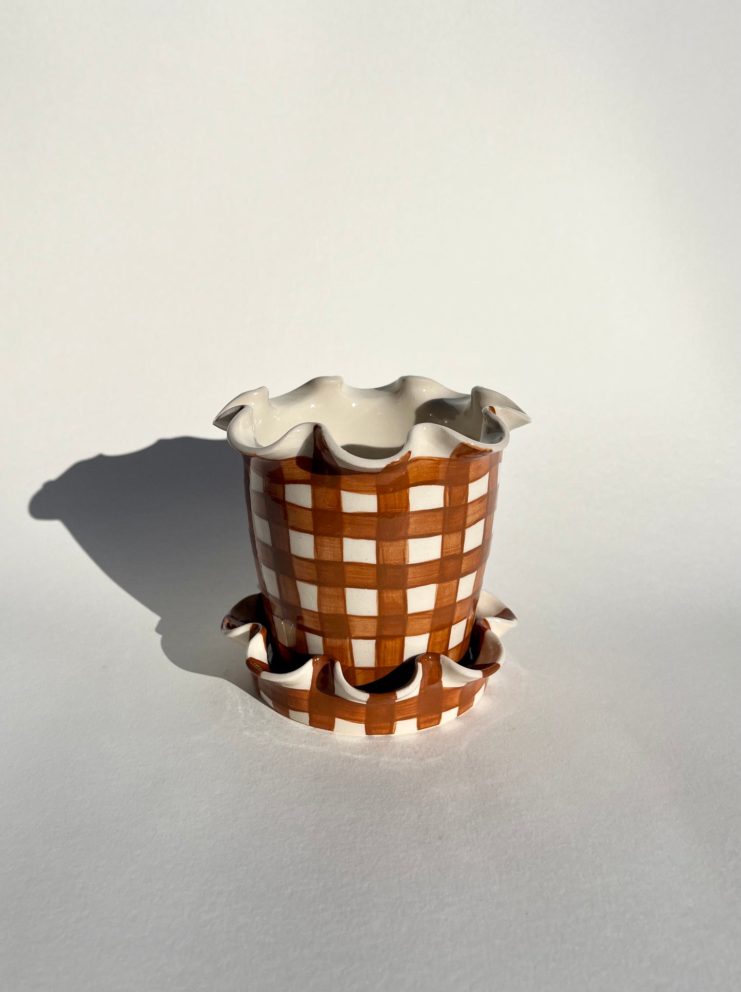 Frilly Plant Pot and Saucer - Gingham, Chocolate