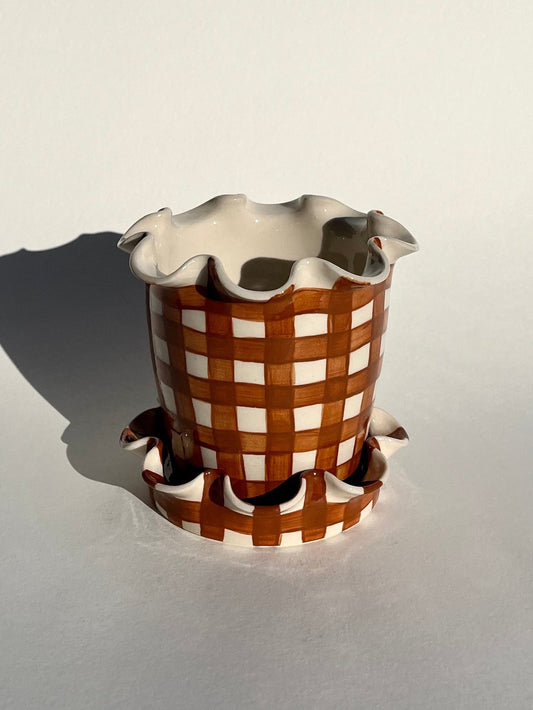 Frilly Plant Pot and Saucer - Gingham, Chocolate