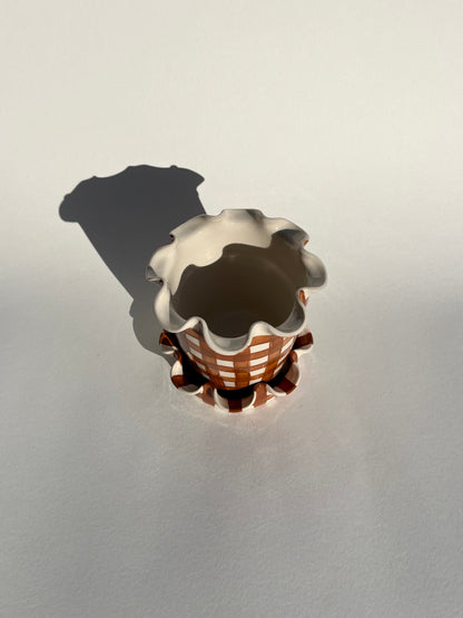 Frilly Plant Pot and Saucer - Gingham, Chocolate