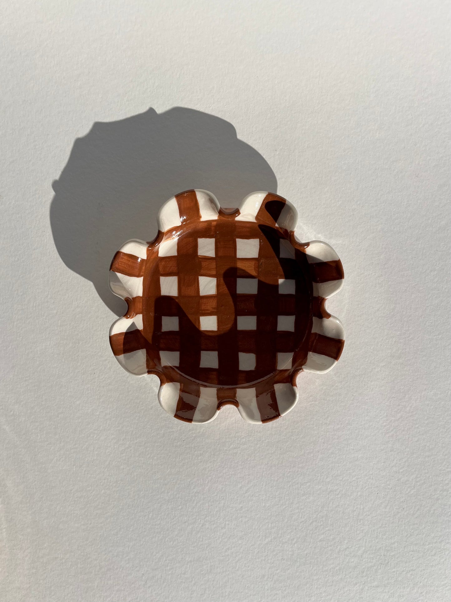 Frilly Plant Pot and Saucer - Gingham, Chocolate