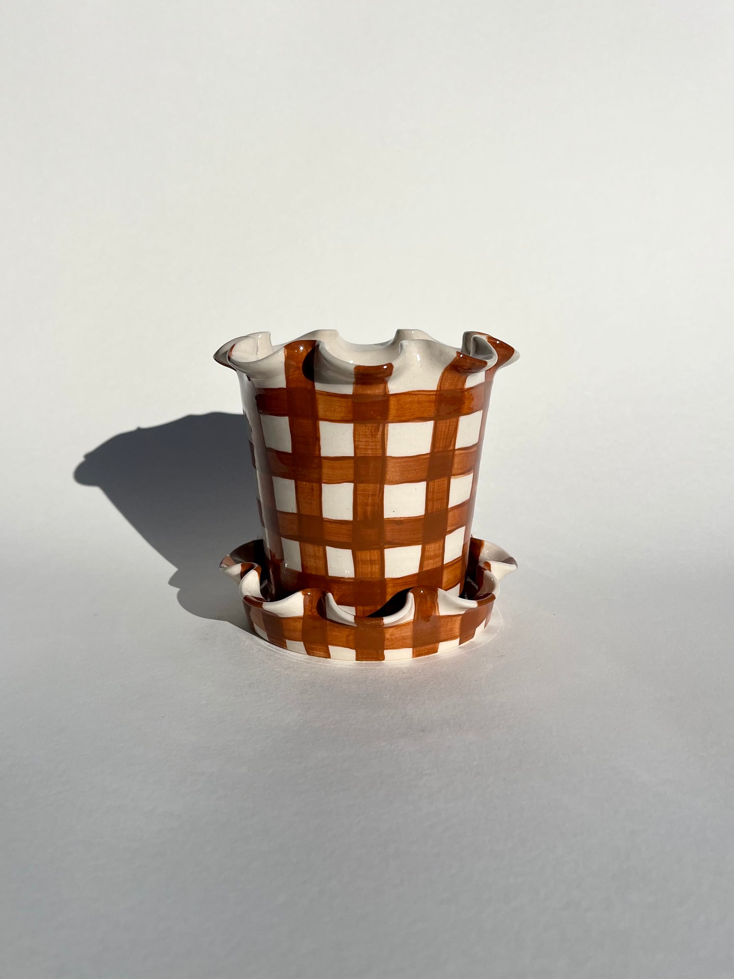 Frilly Plant Pot and Saucer - Wide Gingham, Chocolate