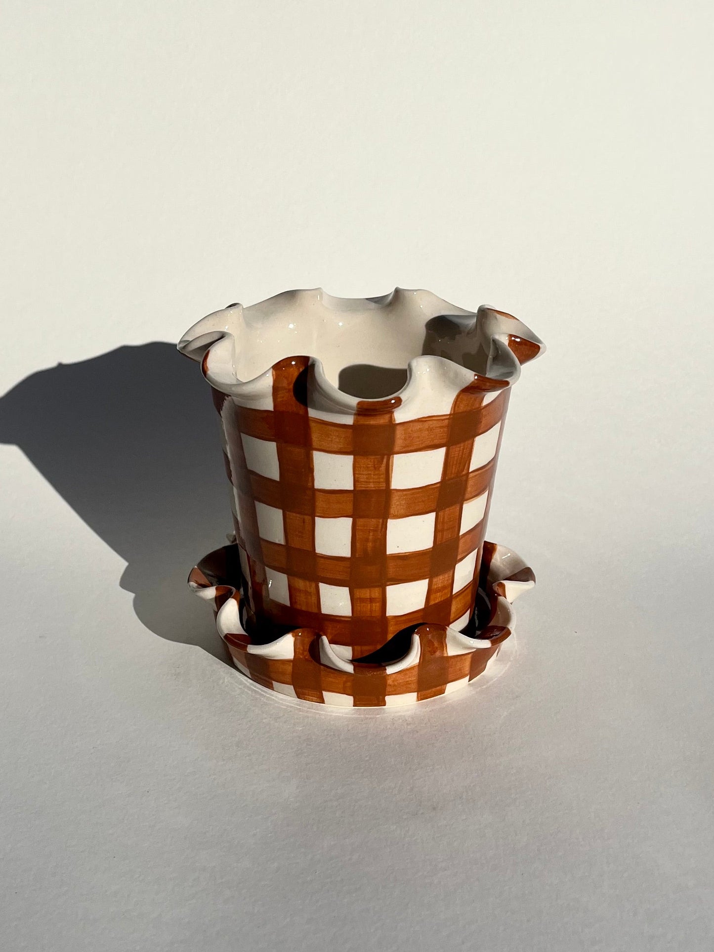 Frilly Plant Pot and Saucer - Wide Gingham, Chocolate