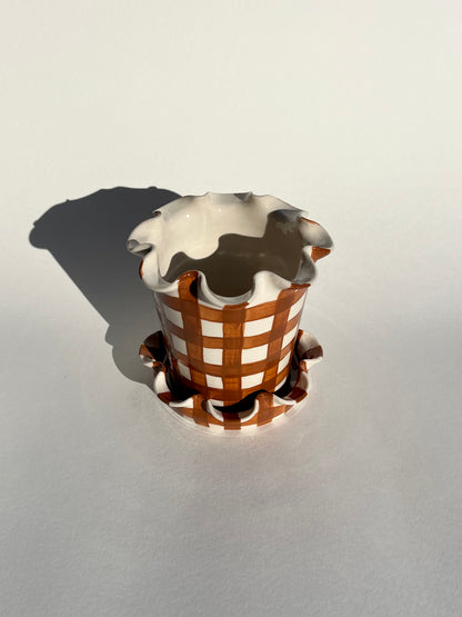 Frilly Plant Pot and Saucer - Wide Gingham, Chocolate