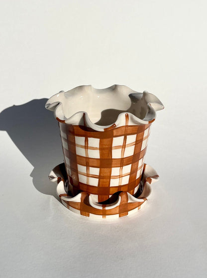 Frilly Plant Pot and Saucer - Tartan, Chocolate