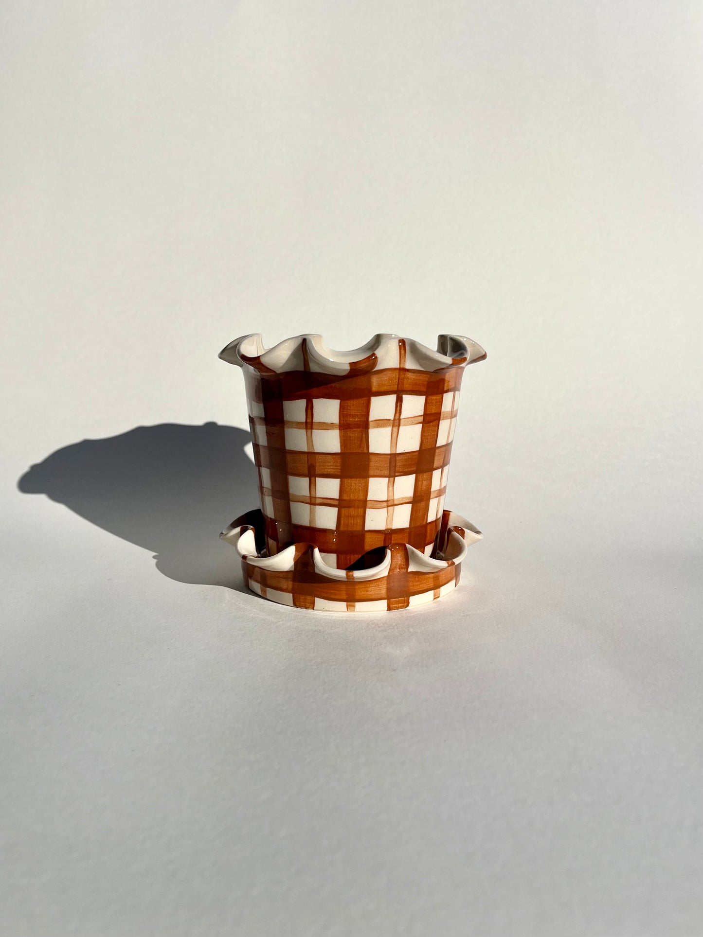 Frilly Plant Pot and Saucer - Tartan, Chocolate