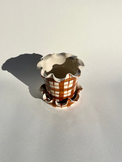 Frilly Plant Pot and Saucer - Tartan, Chocolate