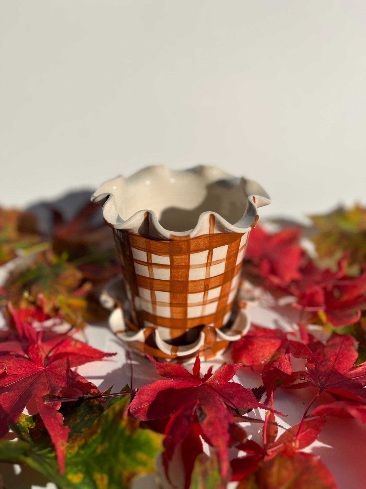 Frilly Plant Pot and Saucer - Tartan, Chocolate