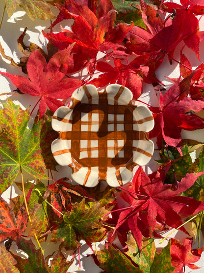 Frilly Plant Pot and Saucer - Tartan, Chocolate