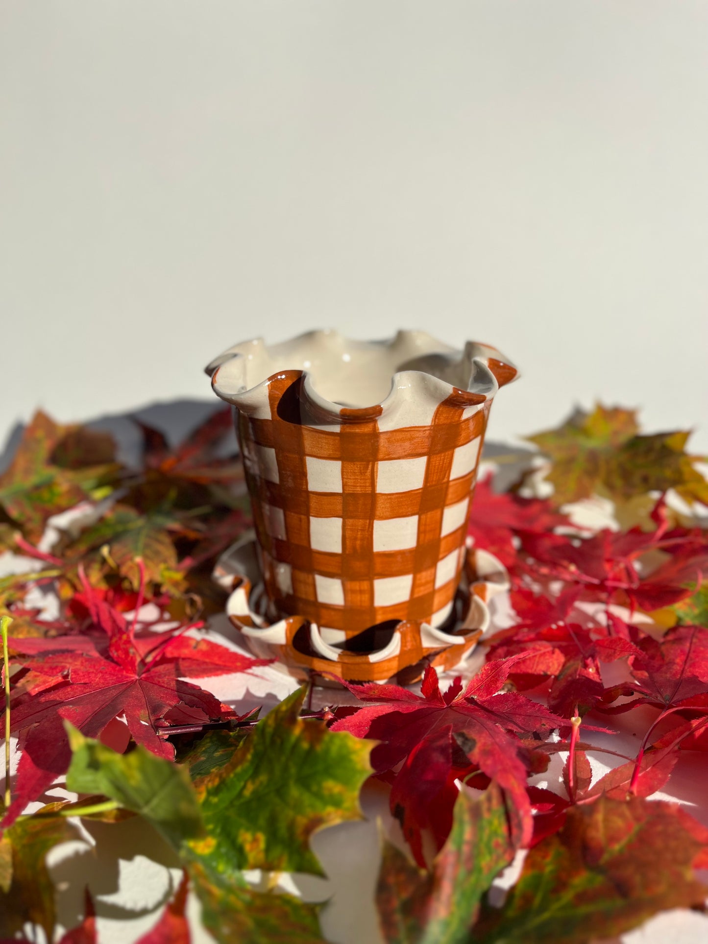 Frilly Plant Pot and Saucer - Wide Gingham, Chocolate