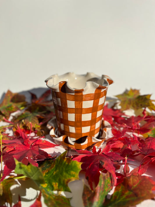 Frilly Plant Pot and Saucer - Wide Gingham, Chocolate