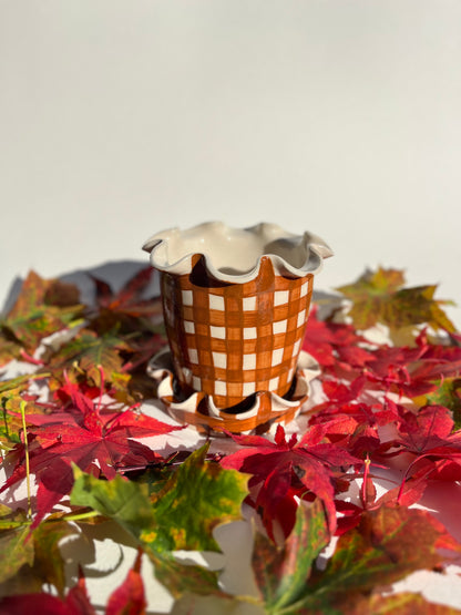 Frilly Plant Pot and Saucer - Gingham, Chocolate