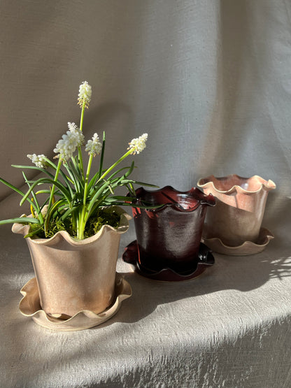 Frilly Plant Pot and Saucer - Cherry
