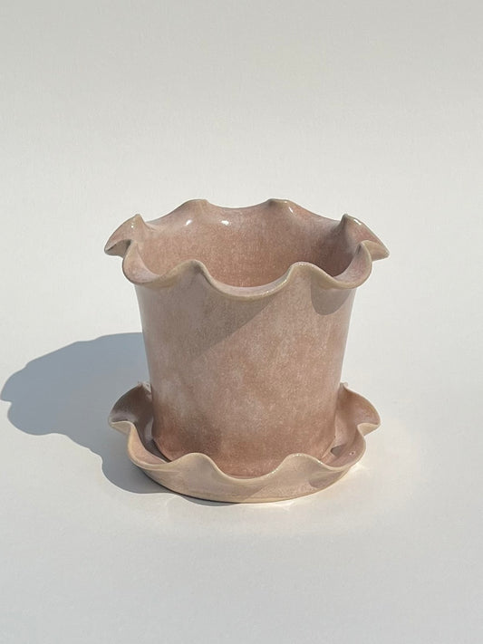 Frilly Plant Pot and Saucer - Rose